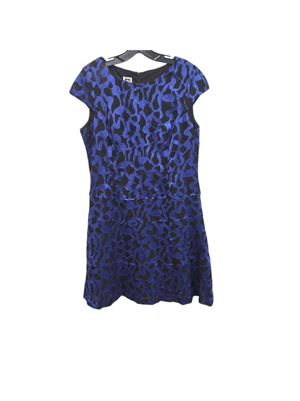 Anne Klein 14P Black Blue Abstract Textured Pattern Cap Sleeve Dress 4324